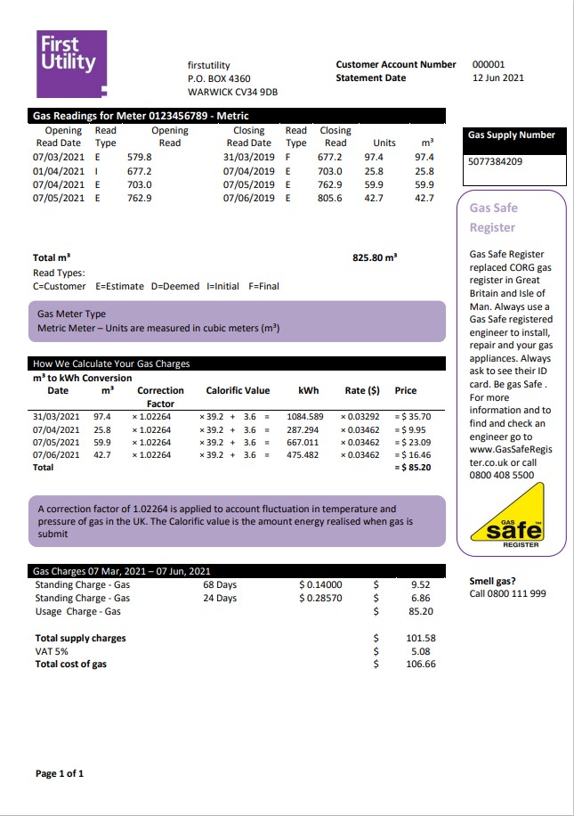 United Kingdom Warwick First Utility bill template in Word and PDF format